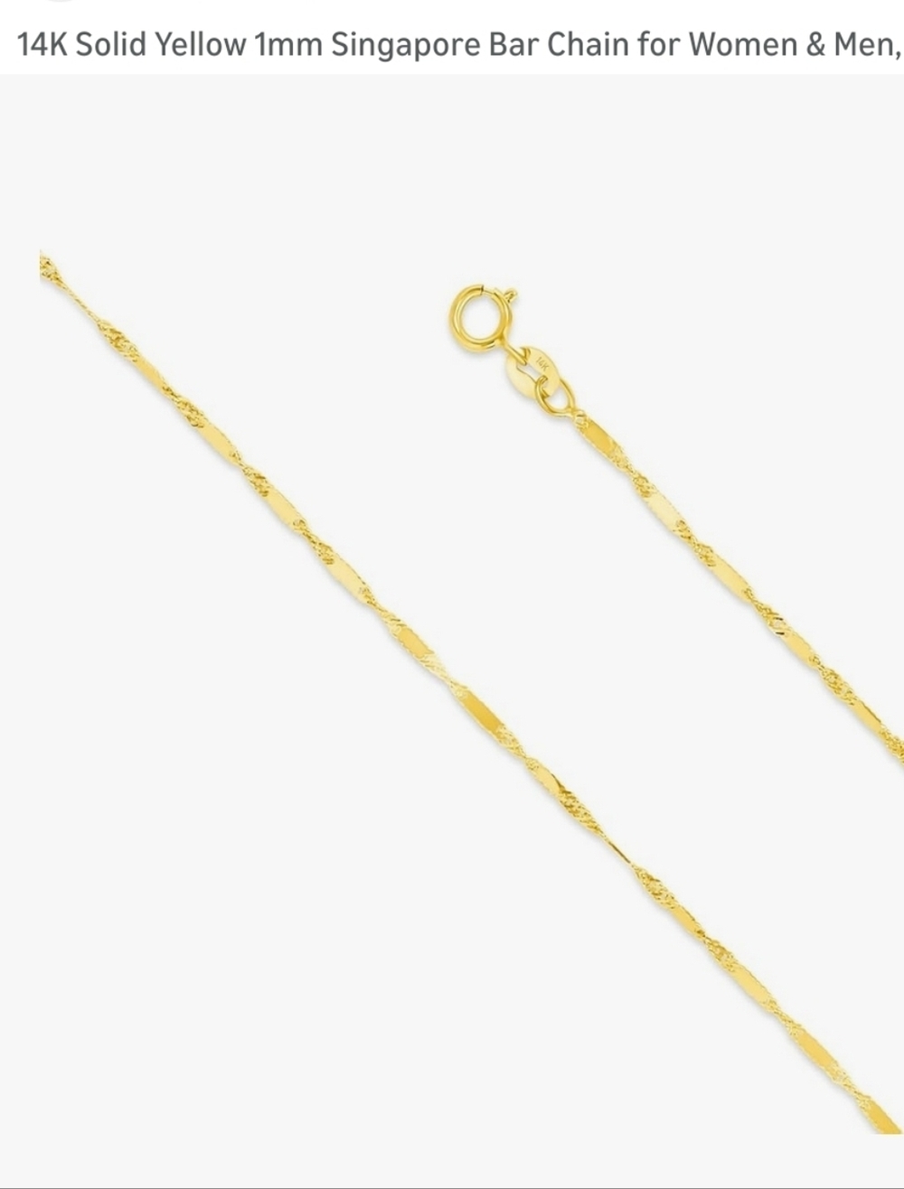 NIB 14K Solid Yellow 1mm Singapore Bar Chain 20" - Picture 3 of 14